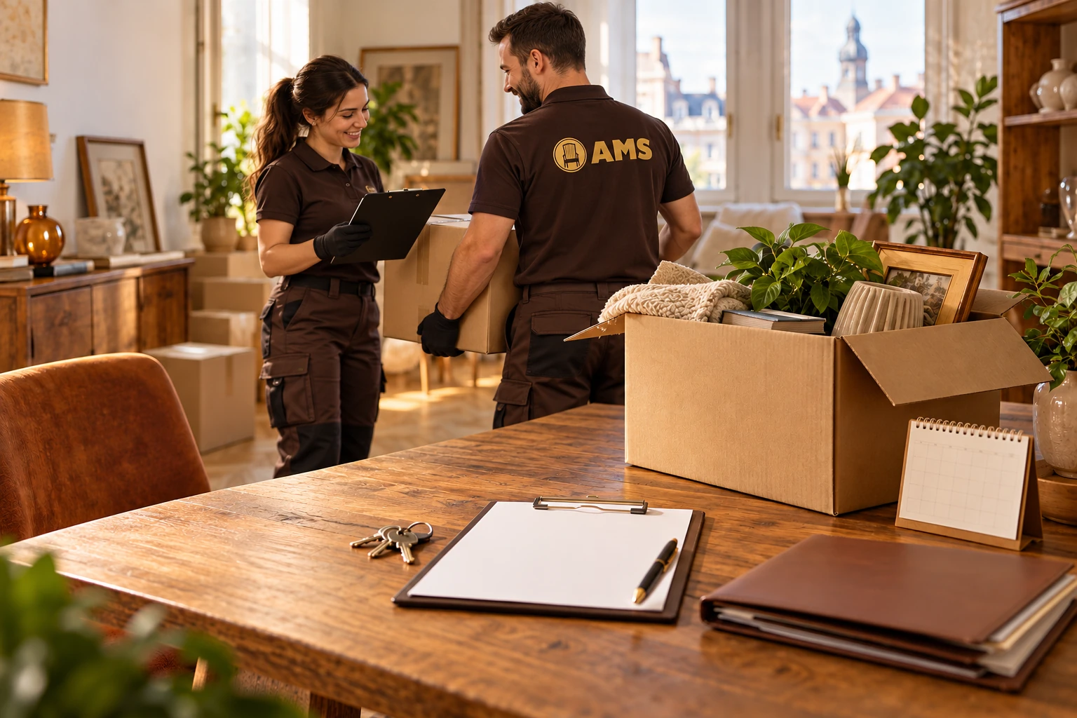 Illustratives Motiv: AMS-Mitarbeiterin und Mitarbeiter planen eine Haushaltsauflösung in Leipzig; AMS-Logo auf dem Poloshirt