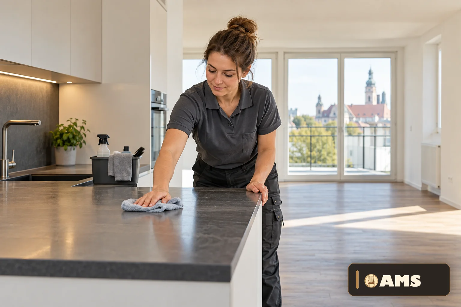 Fachkraft reinigt eine Küche sorgfältig für die Übergabe einer Wohnung