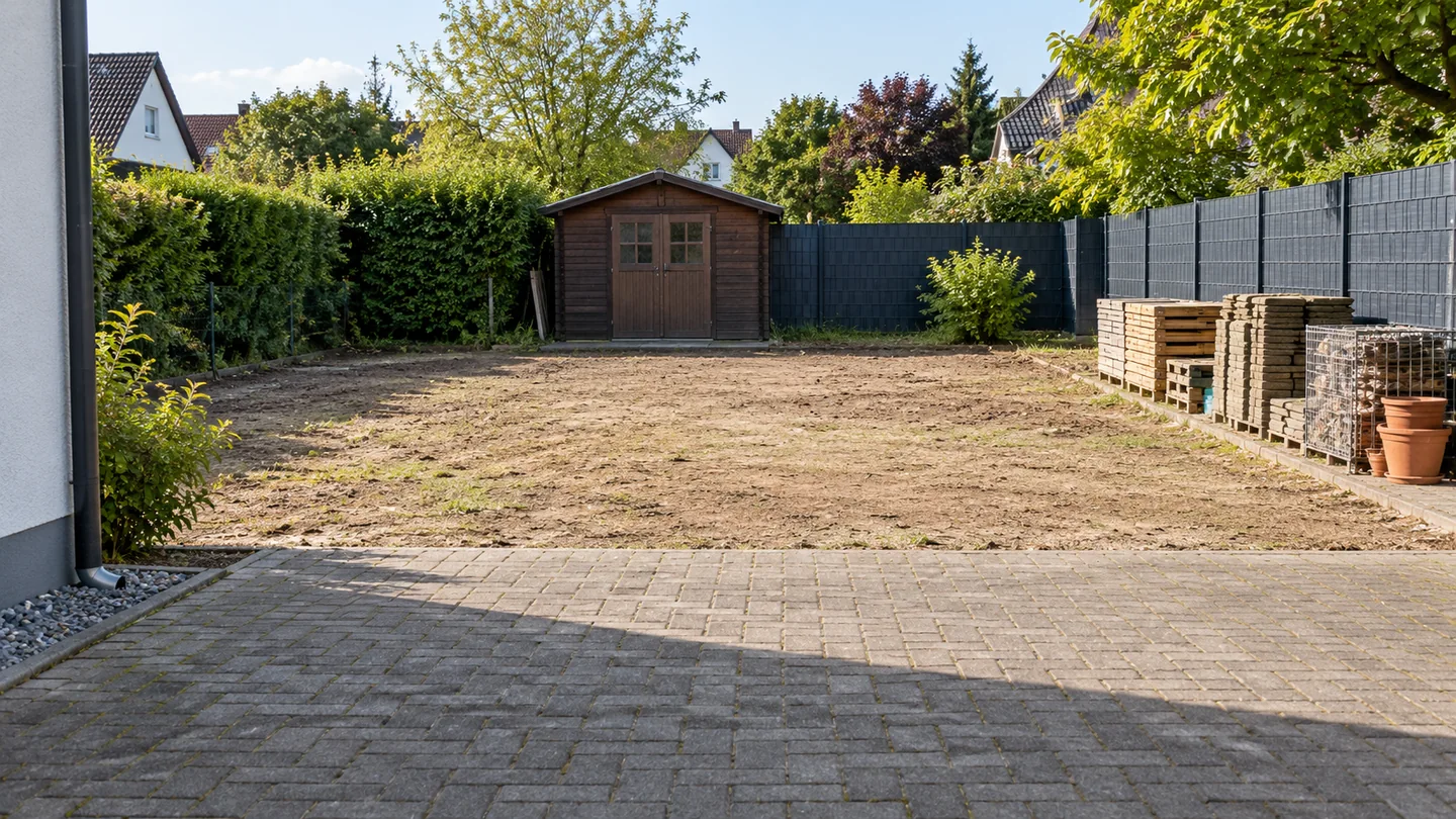Illustratives Foto: freigeräumte Außenfläche mit Gartenhaus und zugänglichem Hof