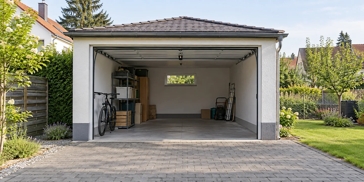 Beispielfoto: geöffnete Garage mit gelagerten Gegenständen und angrenzendem Garten