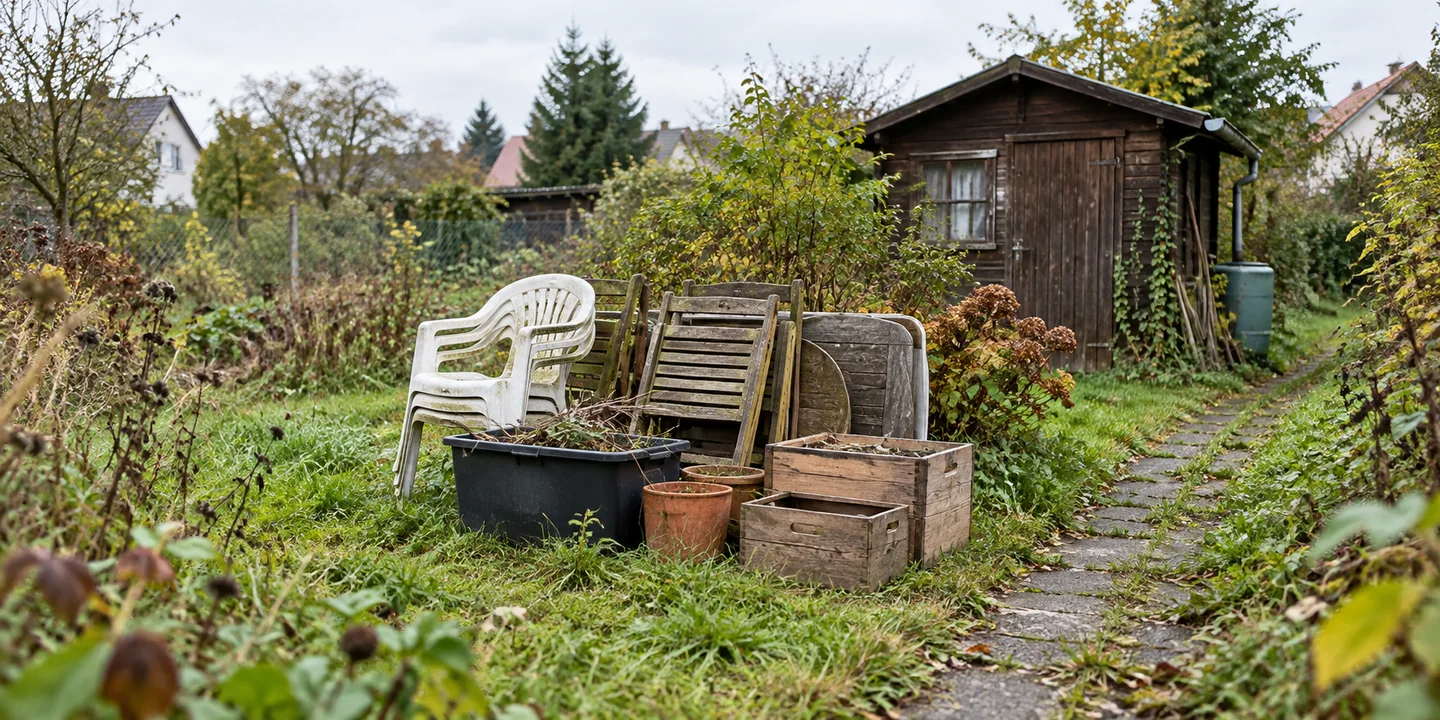 Illustratives Foto: Grundstück mit Gartenlaube und bereitgestellten Gartenmöbeln vor der Beräumung