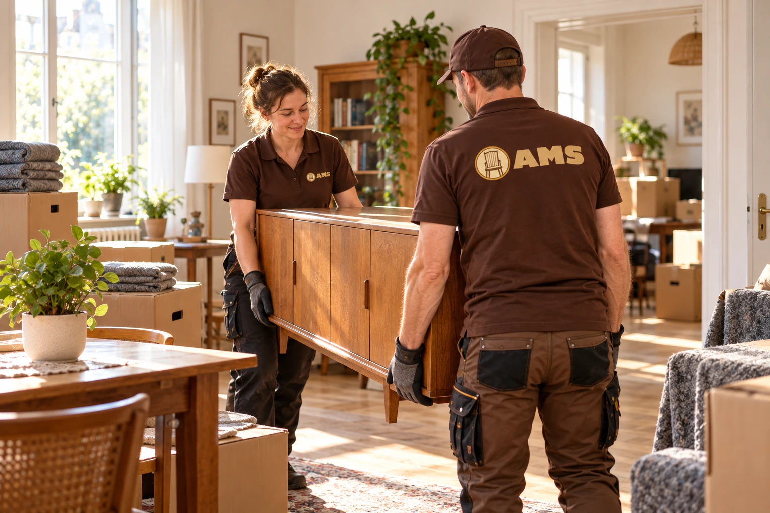 Illustratives Motiv: Zwei AMS-Fachkräfte tragen ein Möbelstück bei einer Wohnungsauflösung in Leipzig