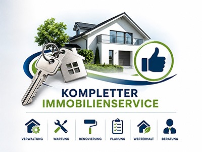 Grafik mit Haus und Symbolen für Immobilienservice